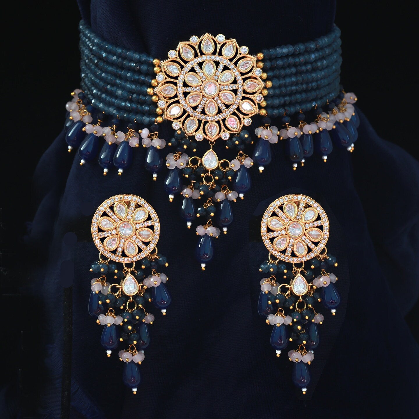 Kundan choker sets | Kundan beaded Bridal choker set | Green choker necklace | American Diamond Jewelry | Bollywood style Kundan Jewelry set