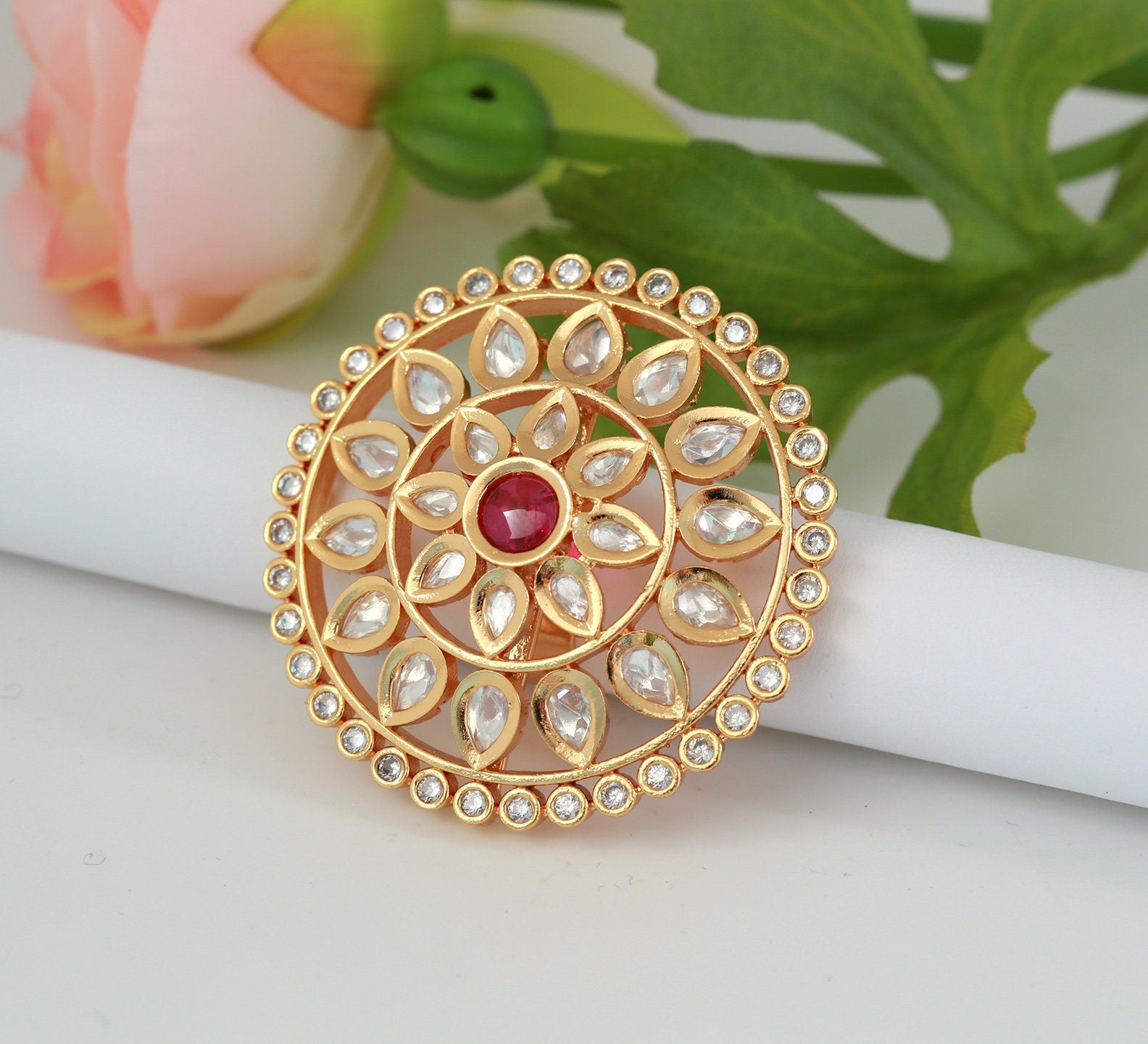 Designer Gold Plated Royal Kundan & Pink Stone Beaded Ring (Design 132–  PAAIE