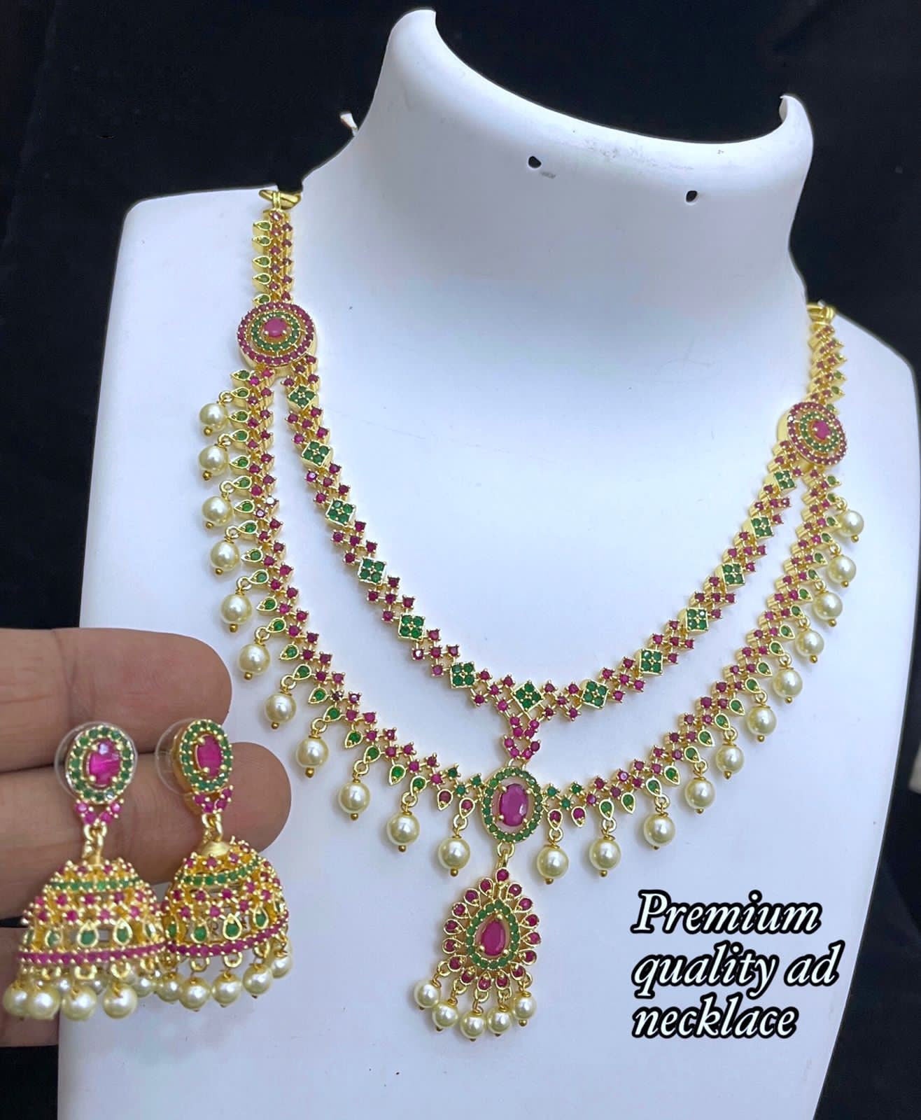 Gorgeous American Diamond Two layer necklace with pearl drops | South Indian style AD color stone Jewelry | Ruby Emerald Crystal Necklace