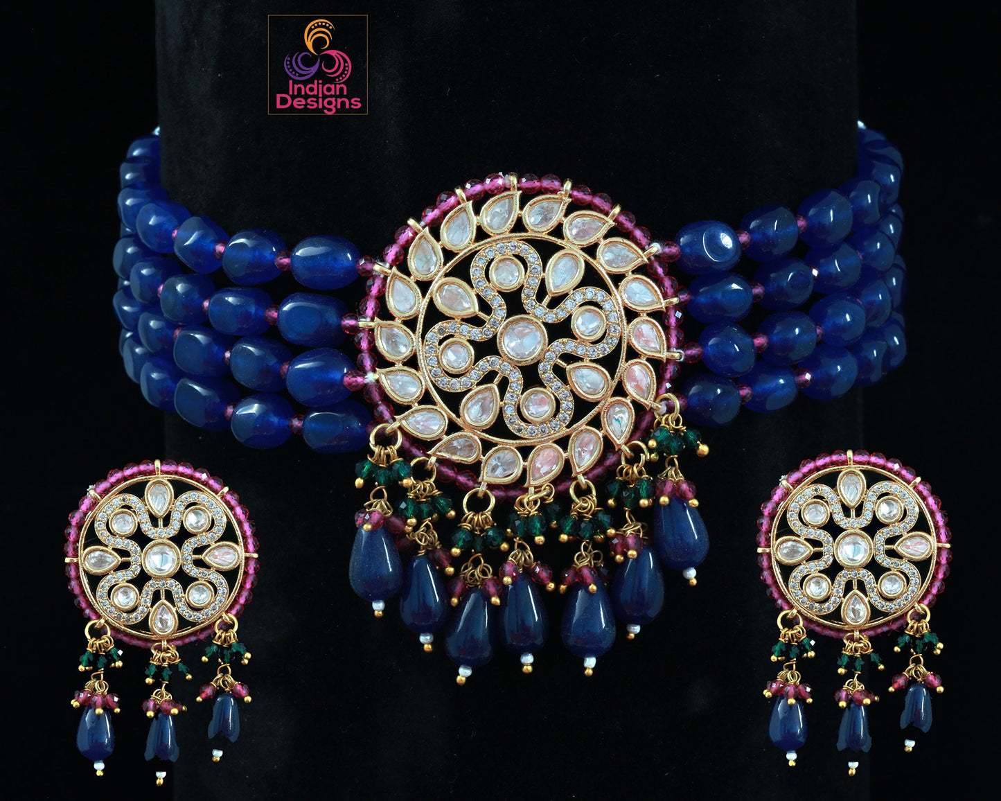 Blue beads kundan choker set | Indian Wedding jewelry | American Diamond jewelry|CZ Choker |Pink Choker Bridal Necklace |gold choker designs