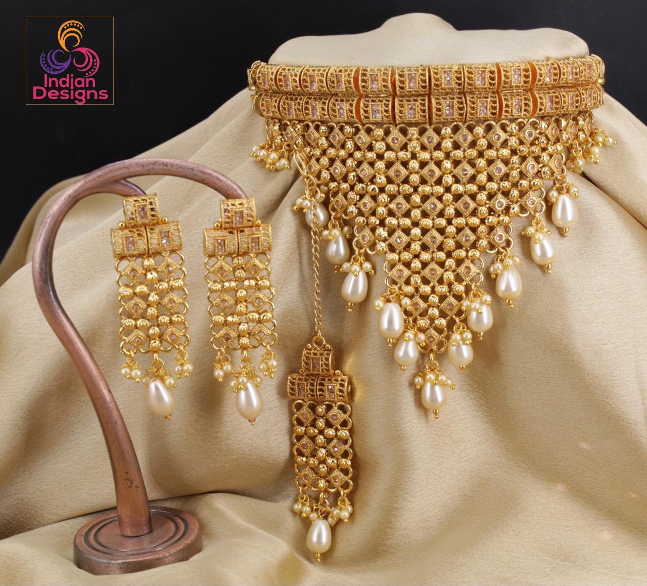 Gold Plated Indian Jewelry necklace with maang tikka | Indian choker necklace gold design | Polki choker and tikka | South Indian jewelry
