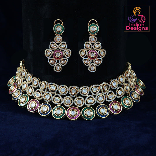 American diamond choker set | Kundan Choker Necklace Earring Set | Indian Jewelry Bridal Wedding Necklace | bollywood style choker necklace
