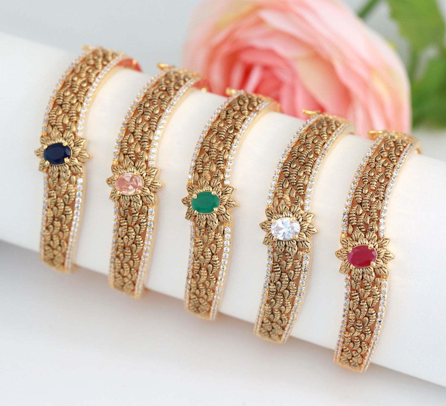 Gold plated AD stone bangle | colored stone bangle bracelet | openable kada bangle | ruby stone bracelet | Emerald Green stone Bangle design