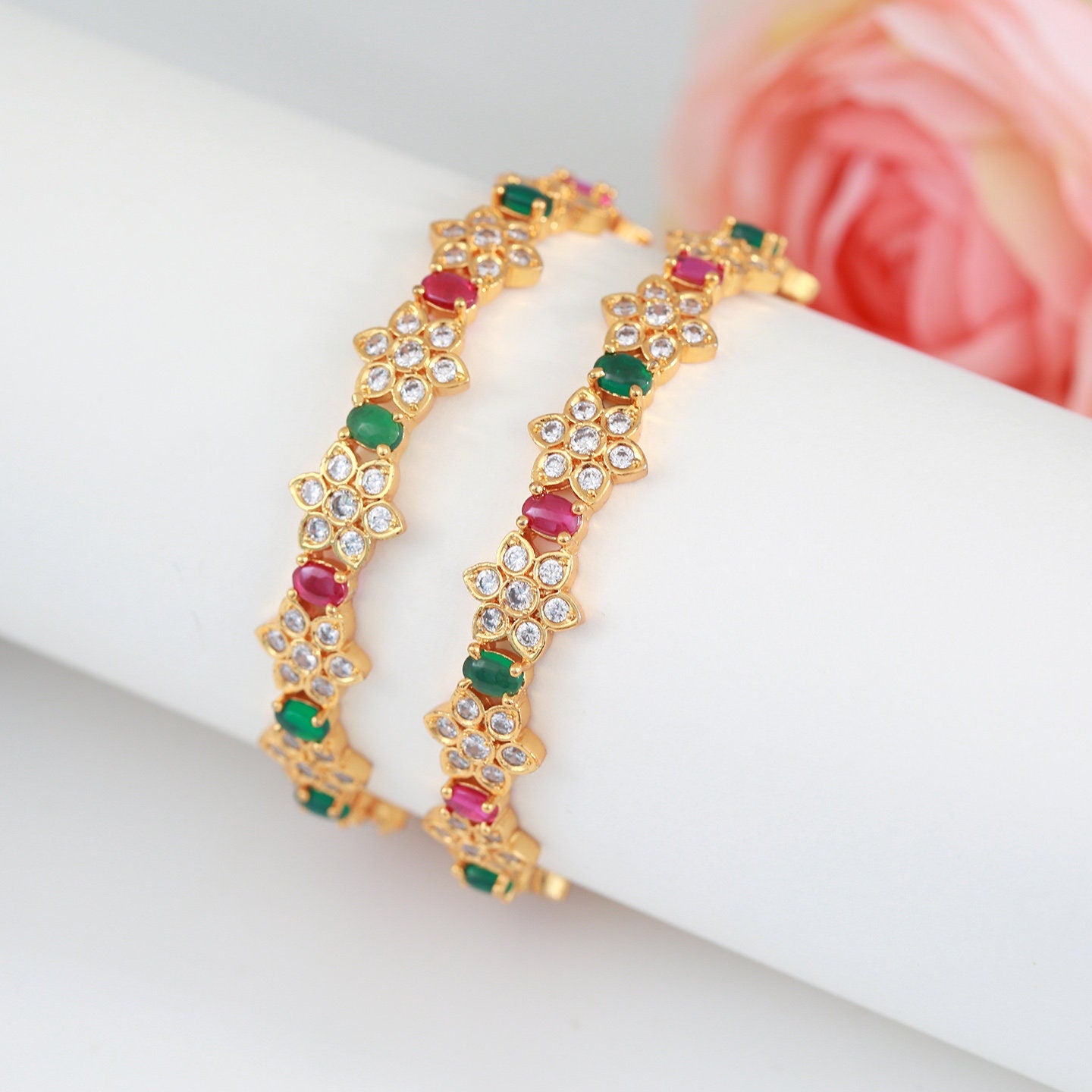 Emerald and Ruby stone American Diamond Bangles | Gold plated CZ Floral bangles | Multi color crystal bangles | designer bangles for ladies