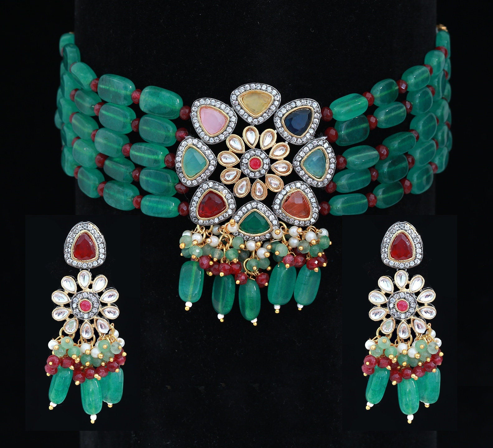 22K Gold Necklace with Navrathan Stones, Pearls, Cz & Emerald Beads -  235-GN3971 in 23.650 Grams