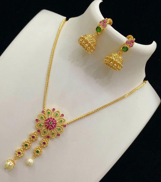 Gold plated pendant necklace | Gold flower pendant necklace and Earrings | Jhumka Pendant Set | Fashion jewelry for women | Indian jewelry