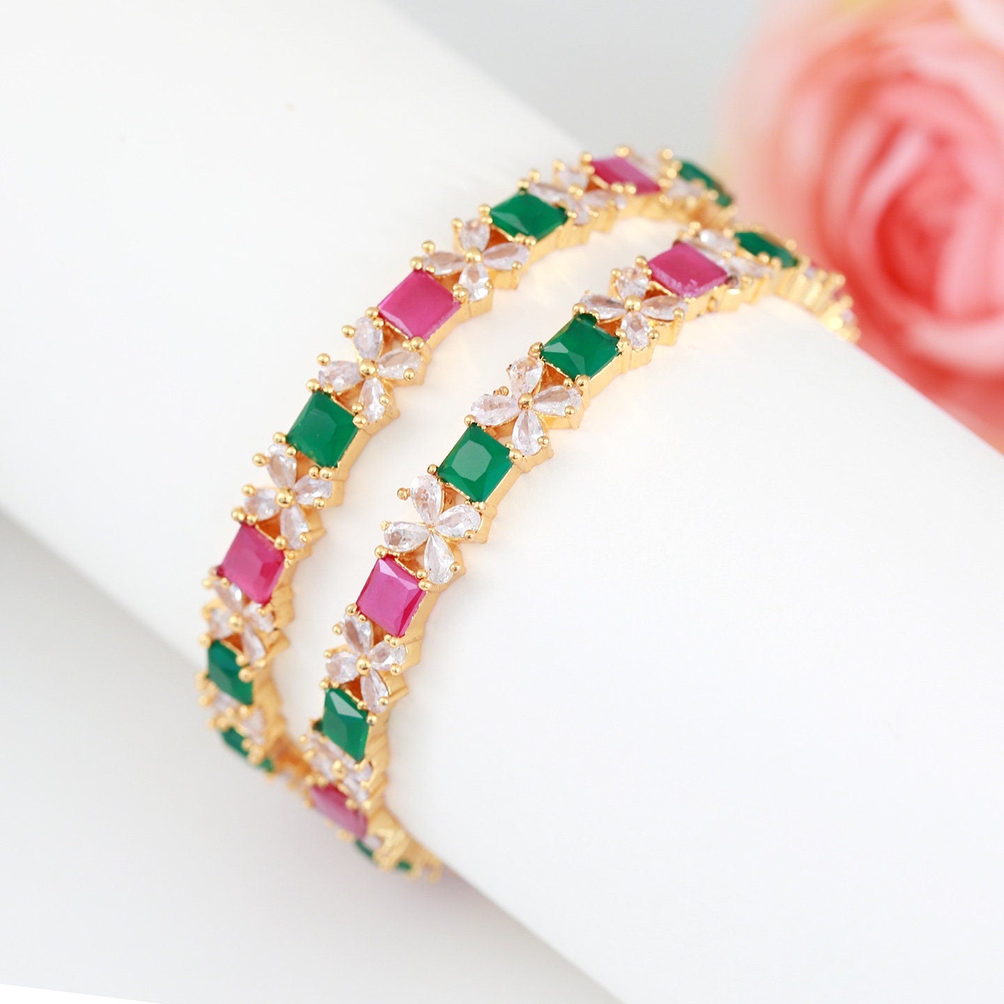Square cut Emerald and ruby bangle Designs in gold | Quality 22k gold plated Floral stone studded bangles | American diamond Crystal bangles