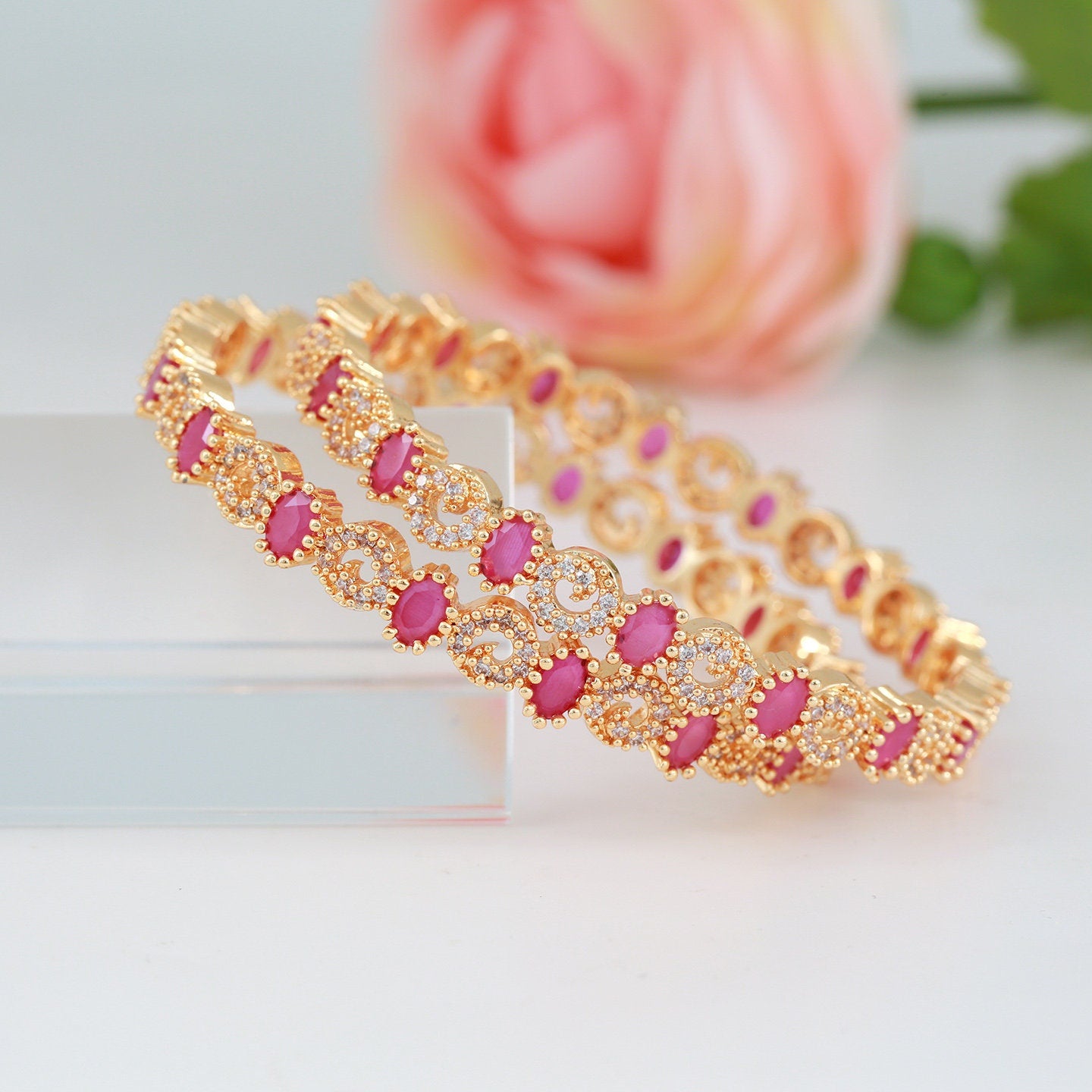 Oval shaped Ruby stone American Diamond Crystal Bangles | 22Kt gold plated South Indian style bangles | Mothers day jewelry | Gift For her