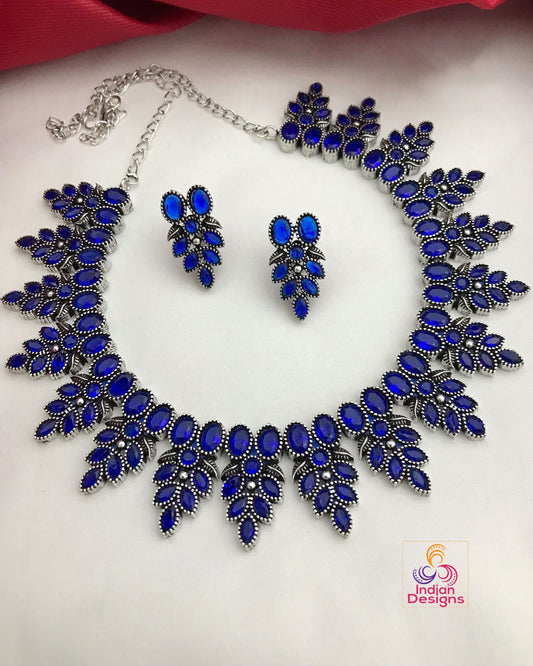 Oxidized silver necklace set | German silver necklace set India | Antique finish Silver choker Necklace | Black Polish American Diamond set