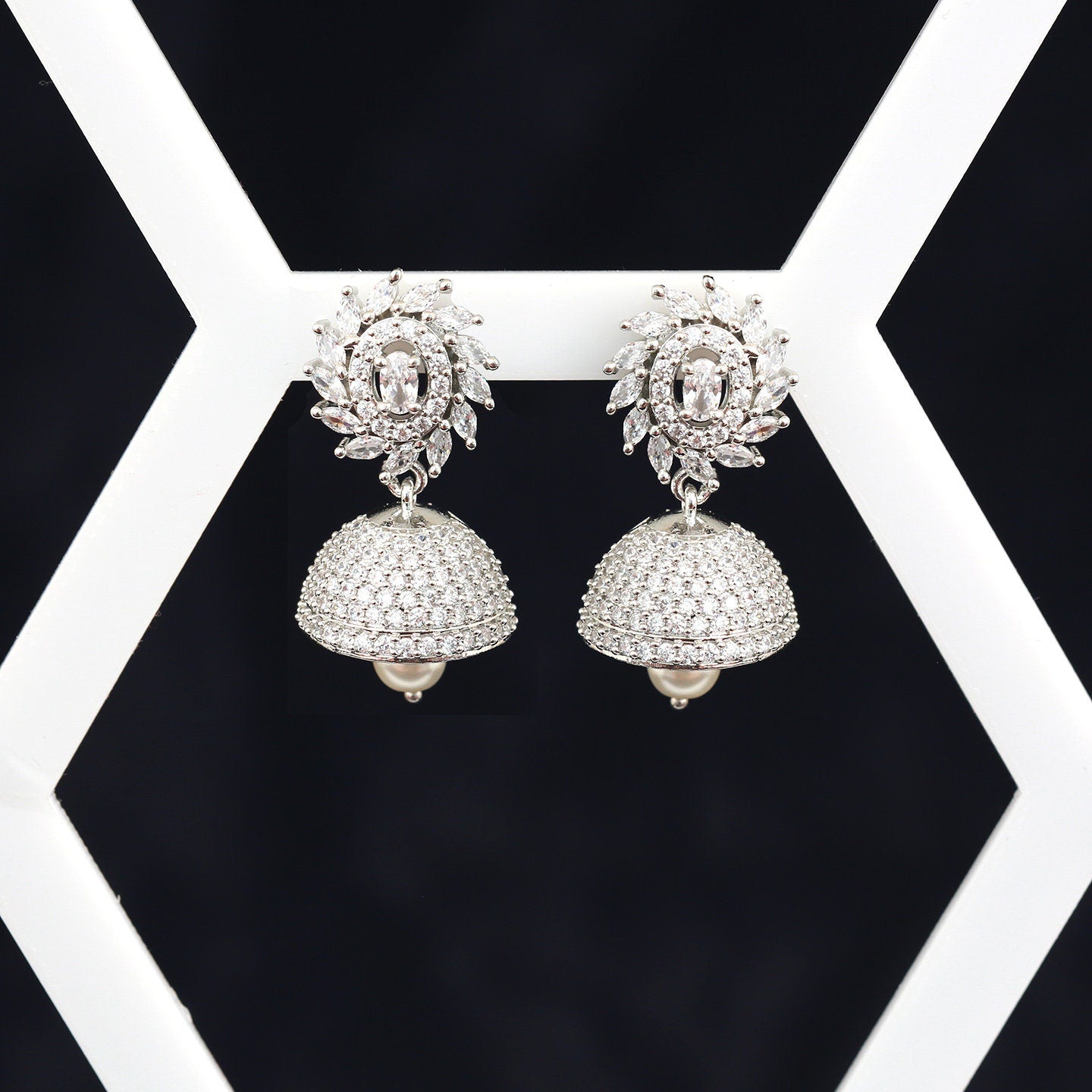 American diamond Jhumka earrings | Small CZ diamond jhumkas | Indian Earrings | Bollywood Style Silver Earrings with CZ diamond stones