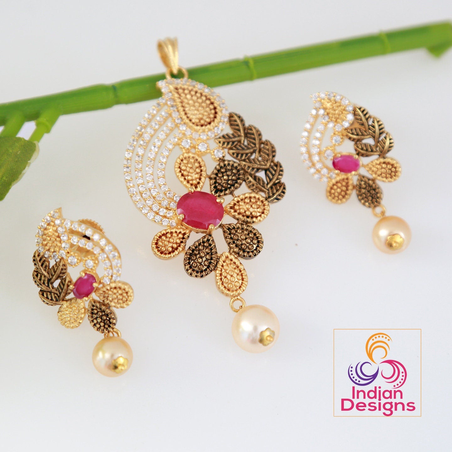 Floral art pendant | American Diamond Two tone gold Polish Pendant Set with Ruby and White Stones | Gold plated pendant set | Indian jewelry