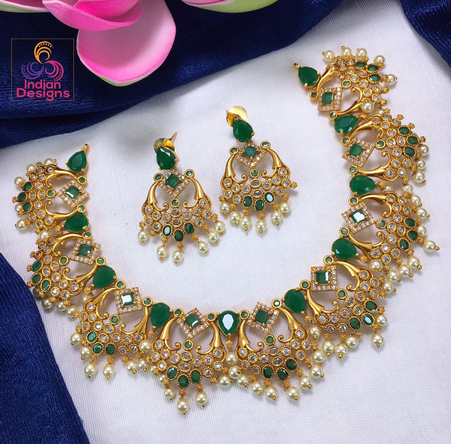 Exclusive Real Kemp stone South Indian Necklace |Matte Gold plated Crescent Moon Ruby green and Diamond stones South Indian Wedding Necklace