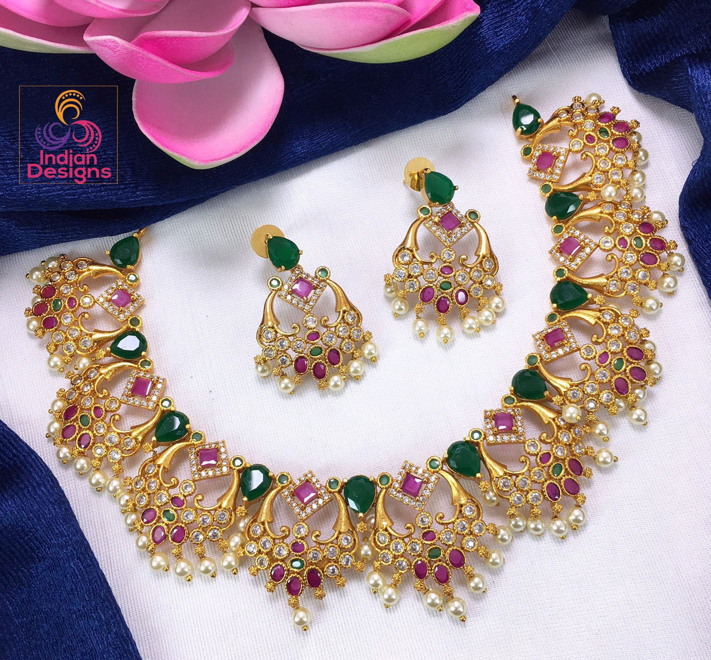 Exclusive Real Kemp stone South Indian Necklace |Matte Gold plated Crescent Moon Ruby green and Diamond stones South Indian Wedding Necklace