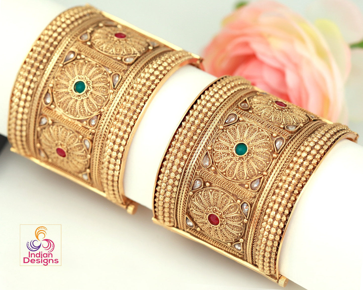 2.8 Size Openable Gold plated kada Bangle pair | Indian Kundan bangles | Pakistani Jewelry | Indian jewelry | Pair of One gram gold bangles