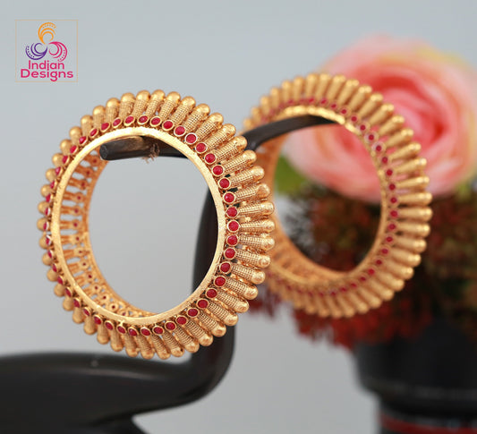 Gold plated kada bangles for ladies | Screw openable Polki kada bangle | Pair of Indian Wedding bangles studded with Ruby white round stones