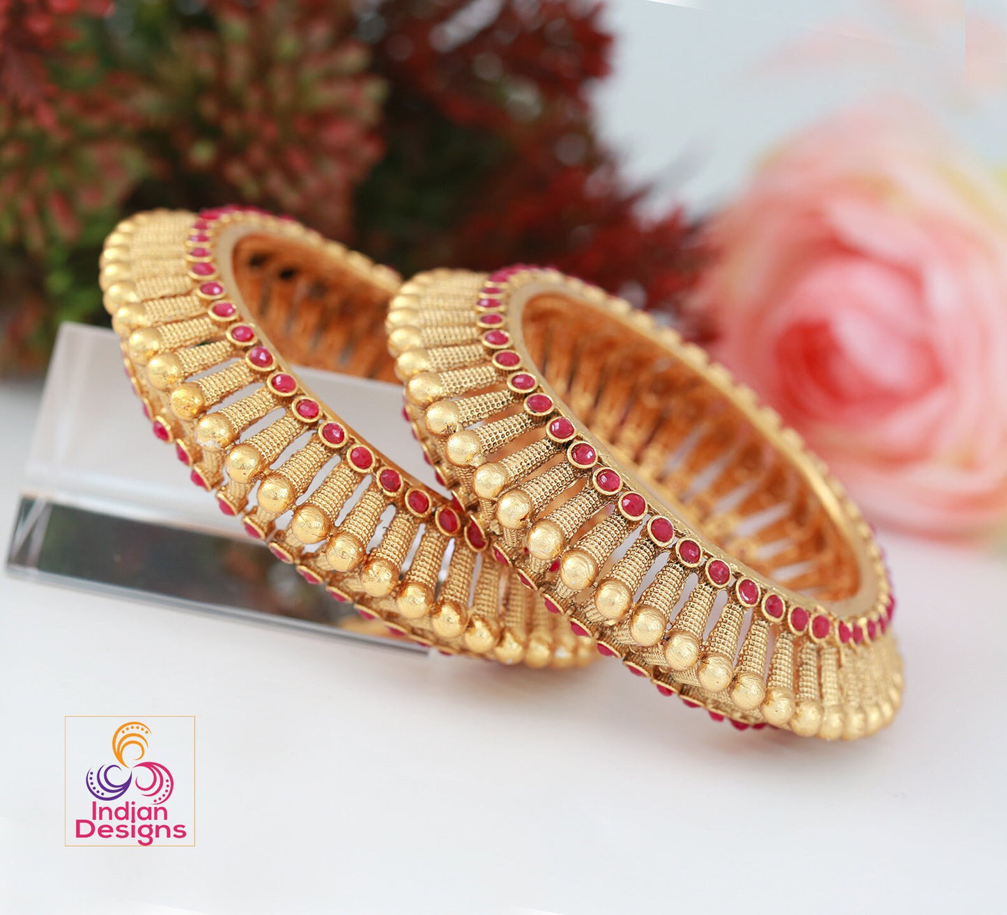 Gold plated kada bangles for ladies | Screw openable Polki kada bangle | Pair of Indian Wedding bangles studded with Ruby white round stones
