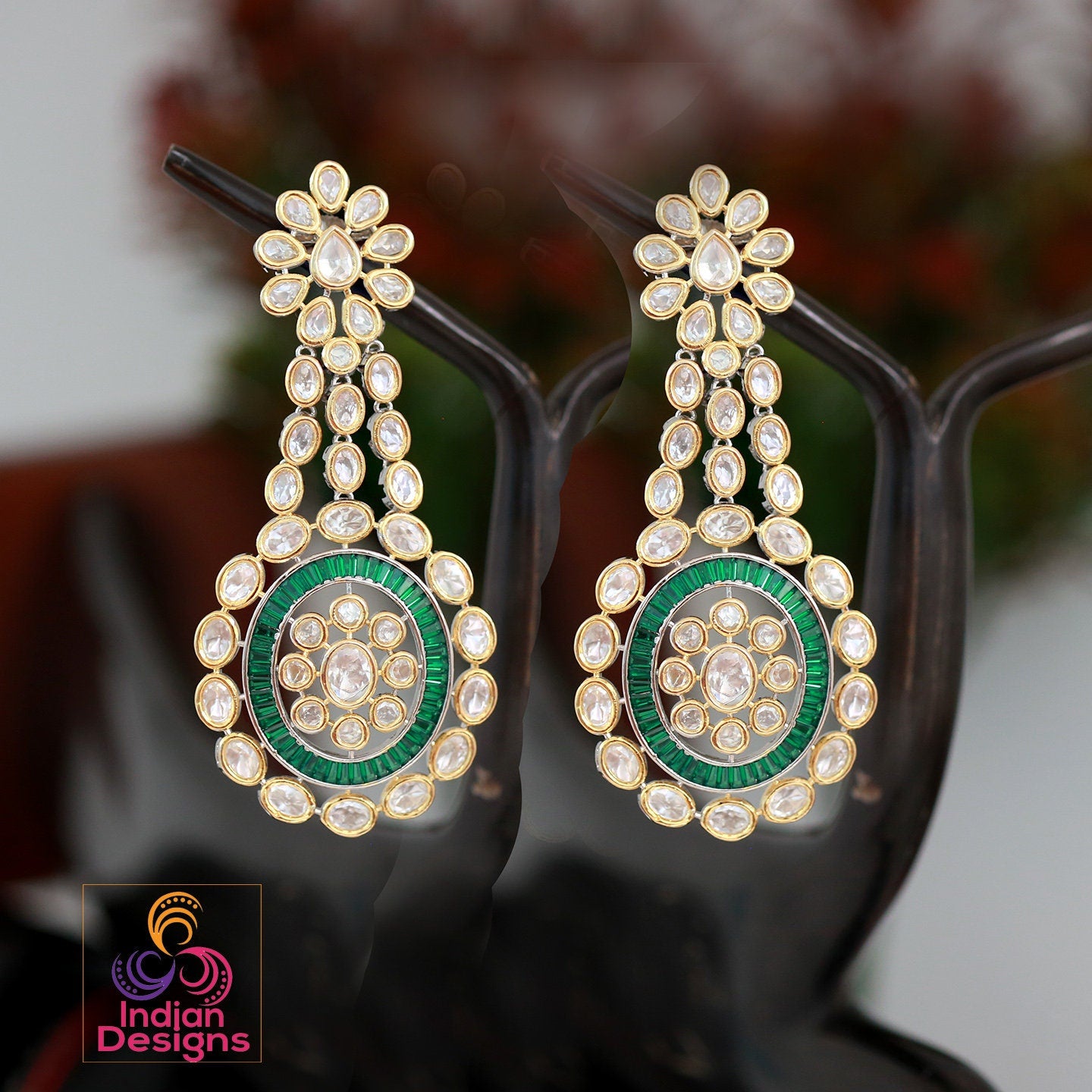 Indian Kundan Earrings Jewelry | Punjabi Kundan Earrings | Gold tone American Diamond Heavy Earrings | Indian Wedding Jewelry Earrings