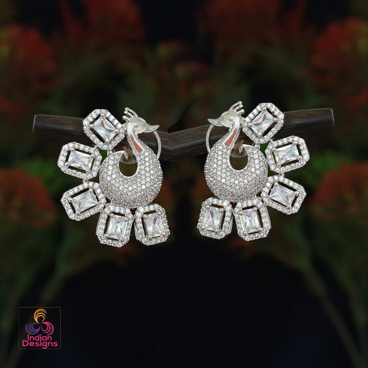 Silver CZ Crystal peacock stud Earrings | American Diamond Stud earring | Indian Pakistani wedding Earrings | Rose gold CZ stud Earrings