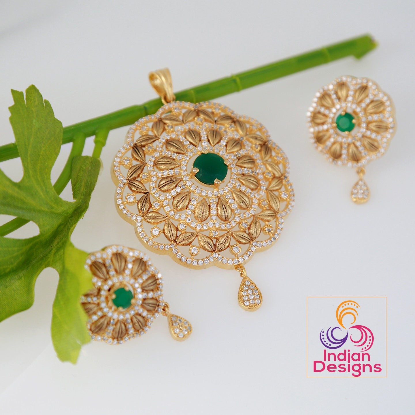 Floral art pendant | American Diamond Pendant Set with Ruby Emerald and White Stones | Matte Finish Gold plated pendant set | Indian jewelry