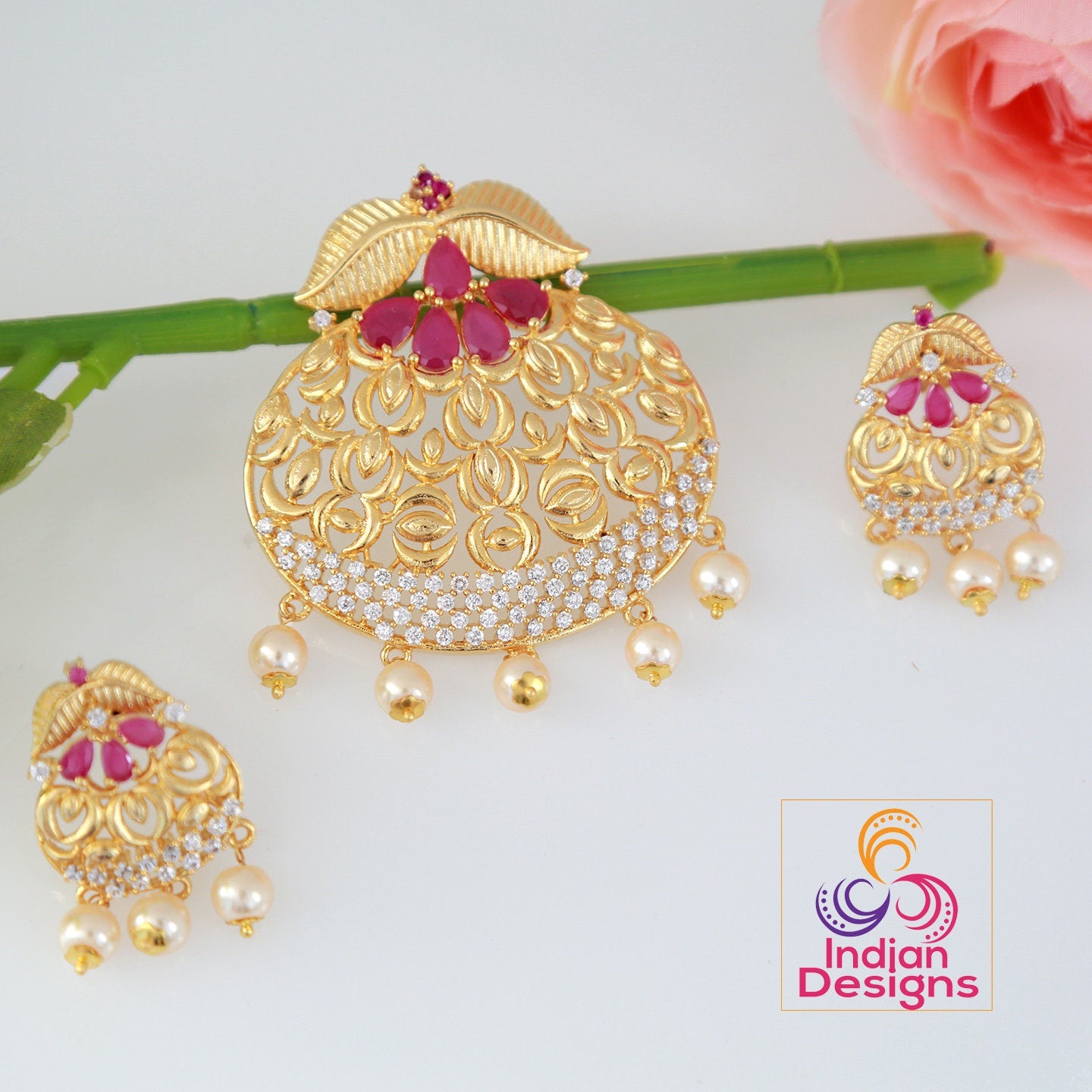 Floral art pendant | 22K Gold plated American Diamond Pendant Set with Ruby and Emerald Stones | Gold plated pendant set | Indian jewelry