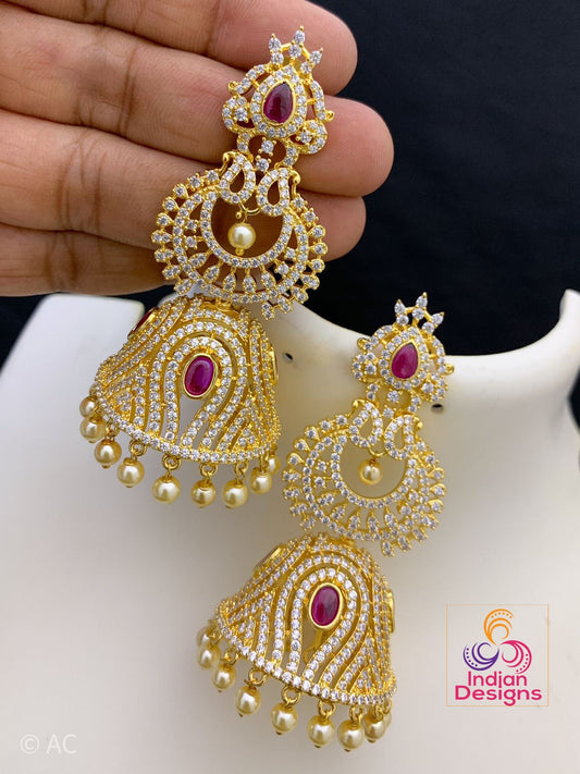 Large gold Jhumka earrings Designs | Bridal Gold Jhumka Earrings | Ruby Emerald and pearl Large AD Jhumka | American Diamond Drop Earrings
