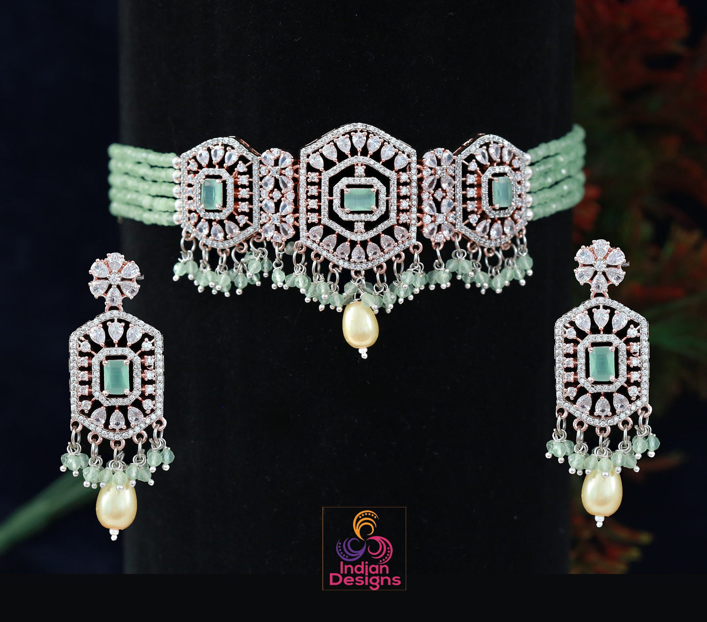 American Diamond bridal choker set | Rose Gold Crystal choker necklace Earring set | Mint green choker necklace | Pink indian choker set