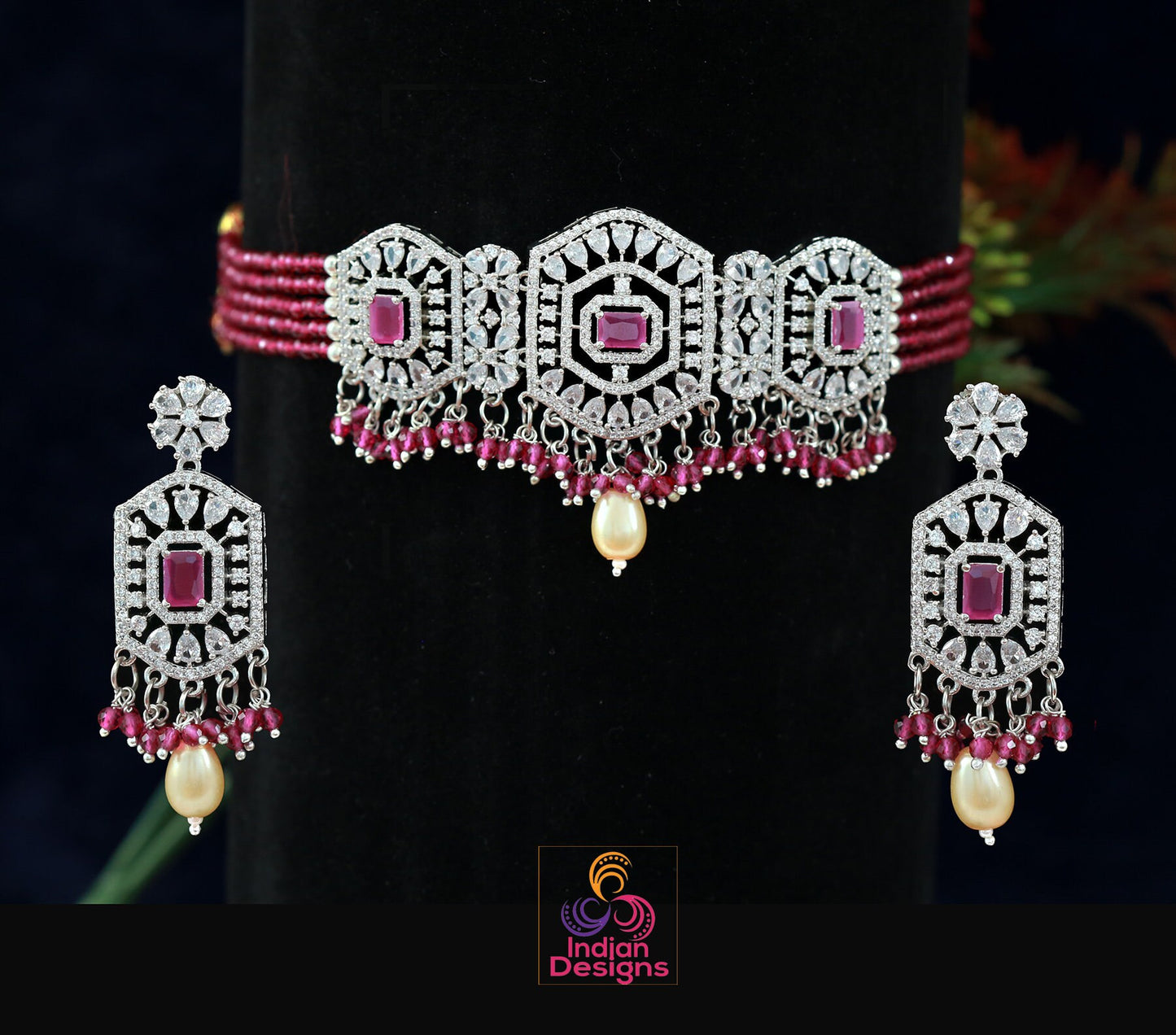 Pink American Diamond bridal choker set | Silver Crystal choker necklace Earring set | Mint green choker necklace | Green Indian choker set