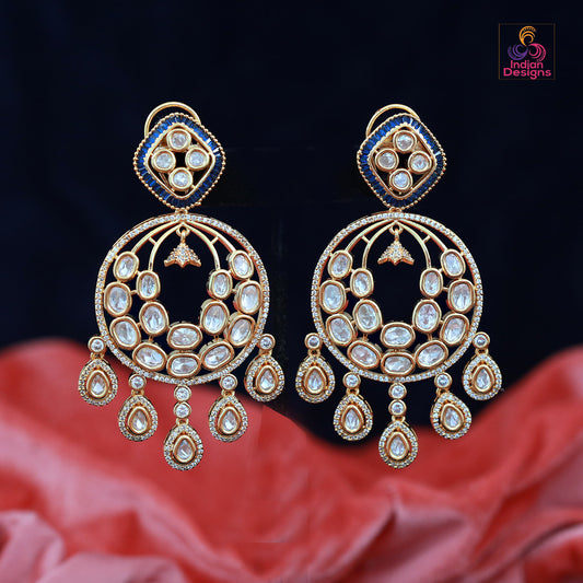 22K Gold tone Real Kundan chandBali Earrings | Bollywood style Kundan earrings for wedding | Indian Rajasthani Royal bridal Kundan jewelry