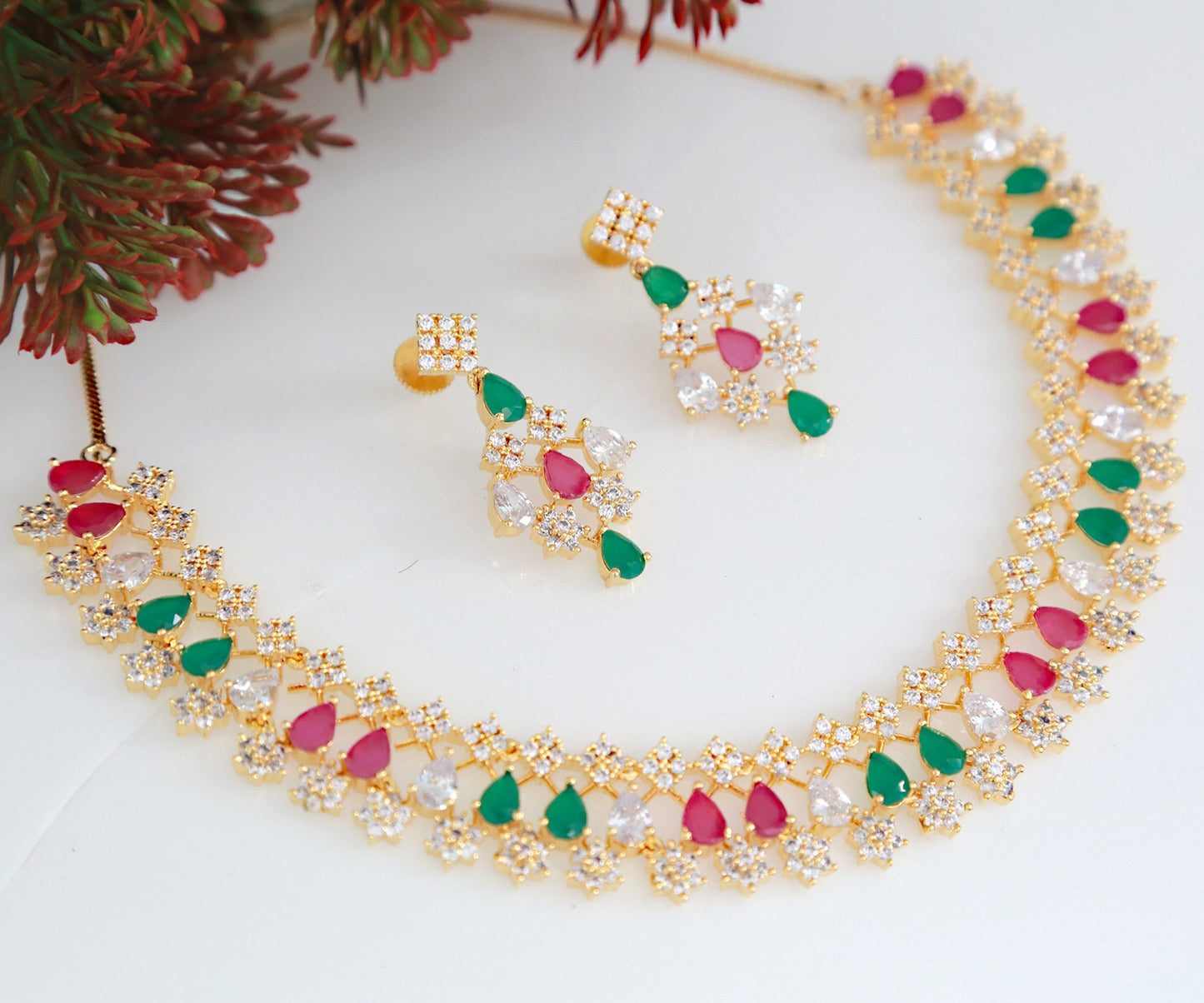 American Diamond Crystal necklace earring set | CZ Star diamond necklace design | Indian wedding bridal choker | Multi Colored stone jewelry