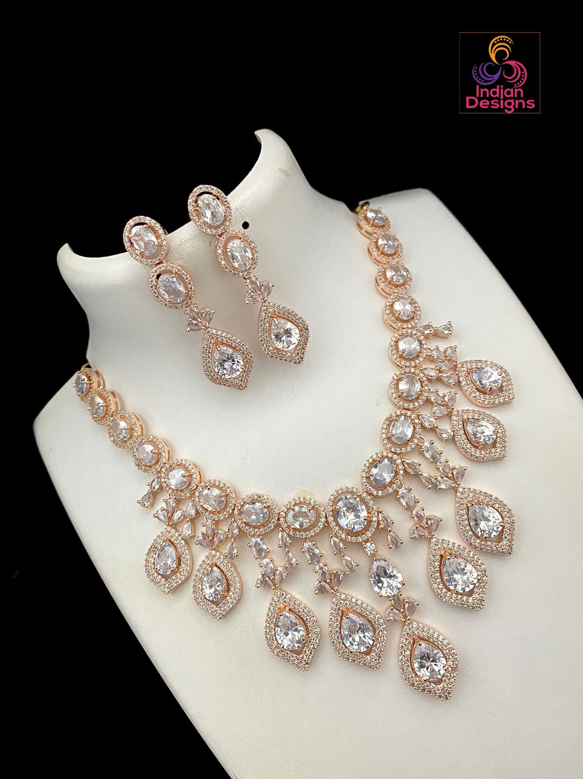 Mint Green Statement Necklace | American diamond necklace set rose gold | Cz ad Indian jewelry sets | Beautiful Pakistani Jewelry designs