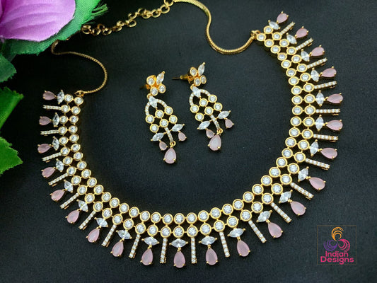 Gold-plated Pink American diamond necklace jewelry | Rose quartz crystal necklace | statement necklace and earring set | Indian Designs
