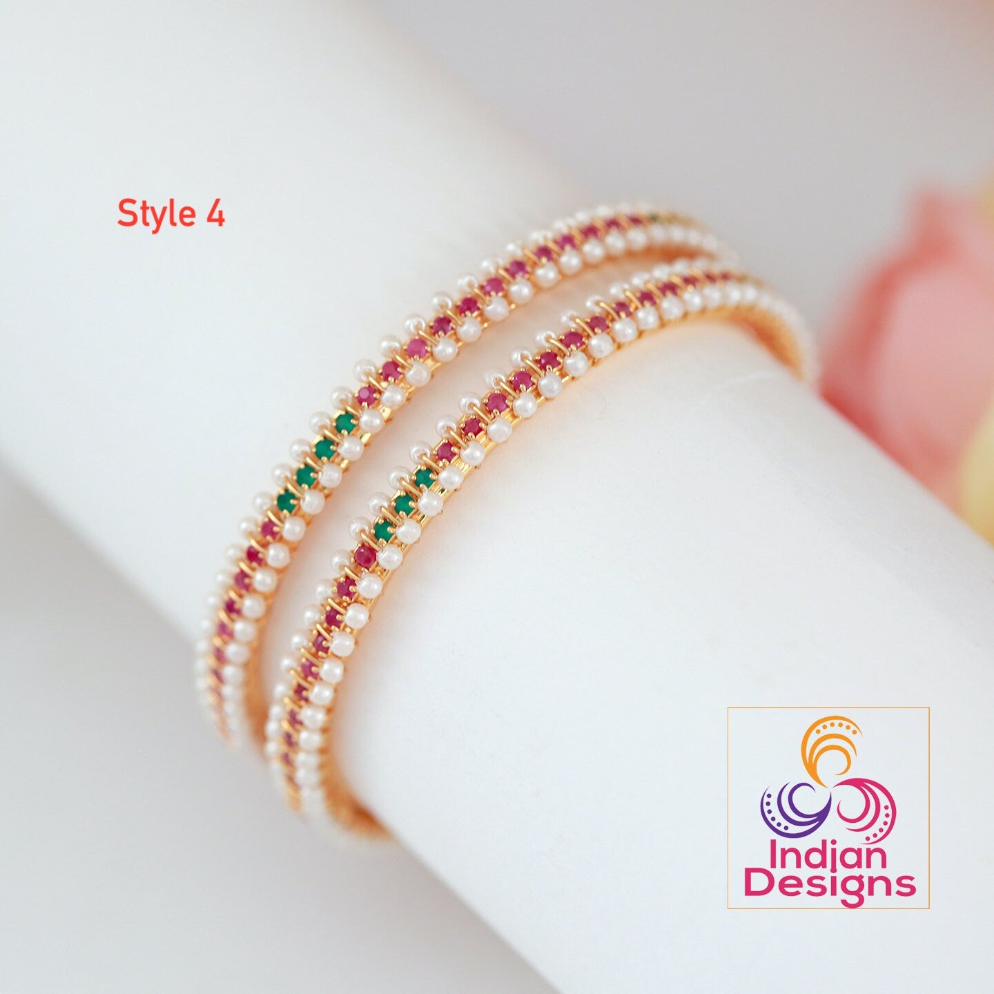 Designer Fresh water Pearl Bangle Bracelet | Gold Plated Real Pearl bangles with Ruby Emerald stone work | Unique Stone bangle gold design