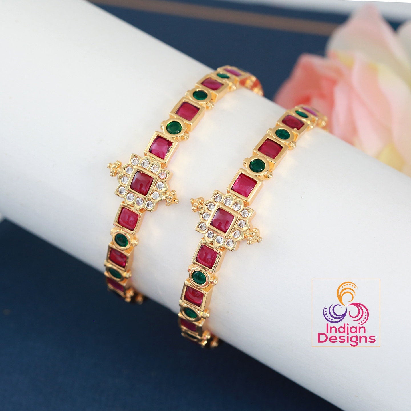 Pair of High quality Gold finish Ruby Green kemp bangles | South Indian Style Traditional jewelry Bangles | Gold bangle bracelet for women