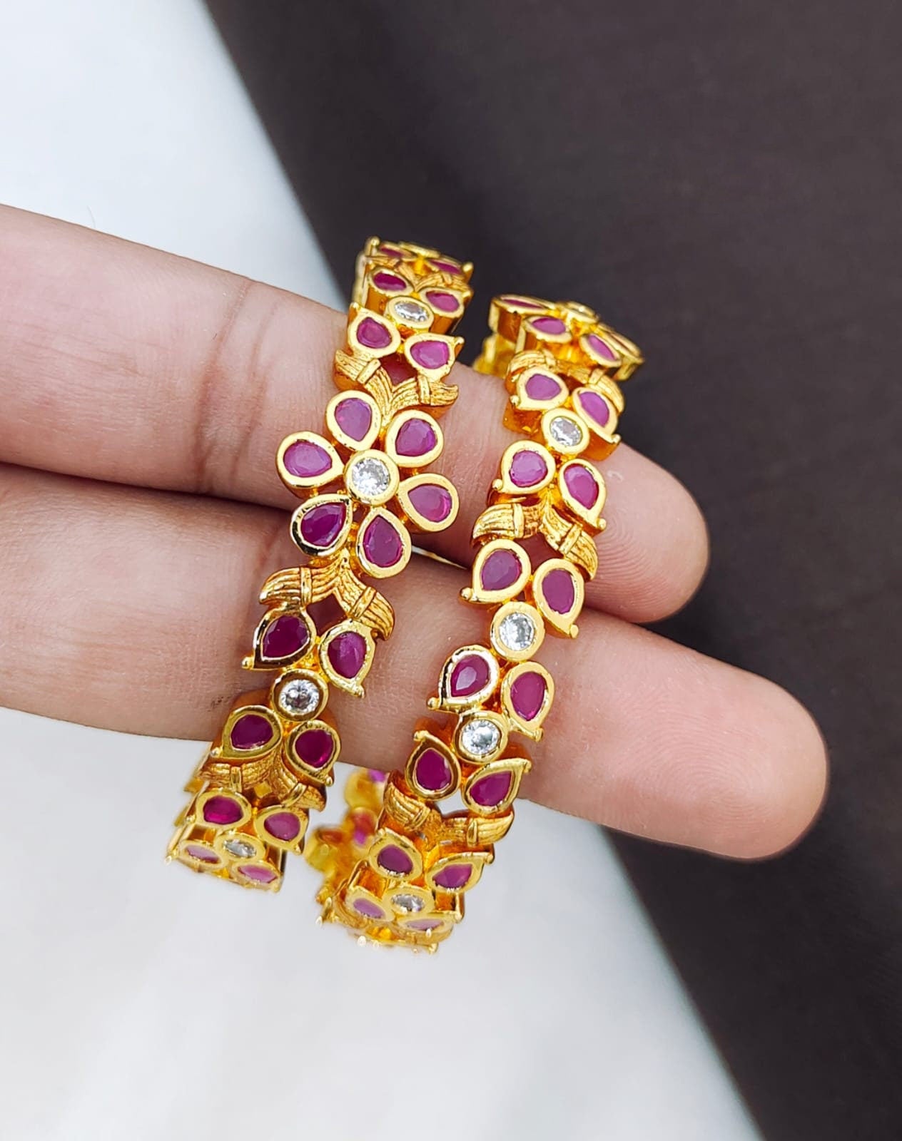 Matte finish gold bangles Indian Designs | Pair of Ruby Stone Floral Leaf design Indian bracelet | Bangles for wedding Jewelry | Kemp bangle