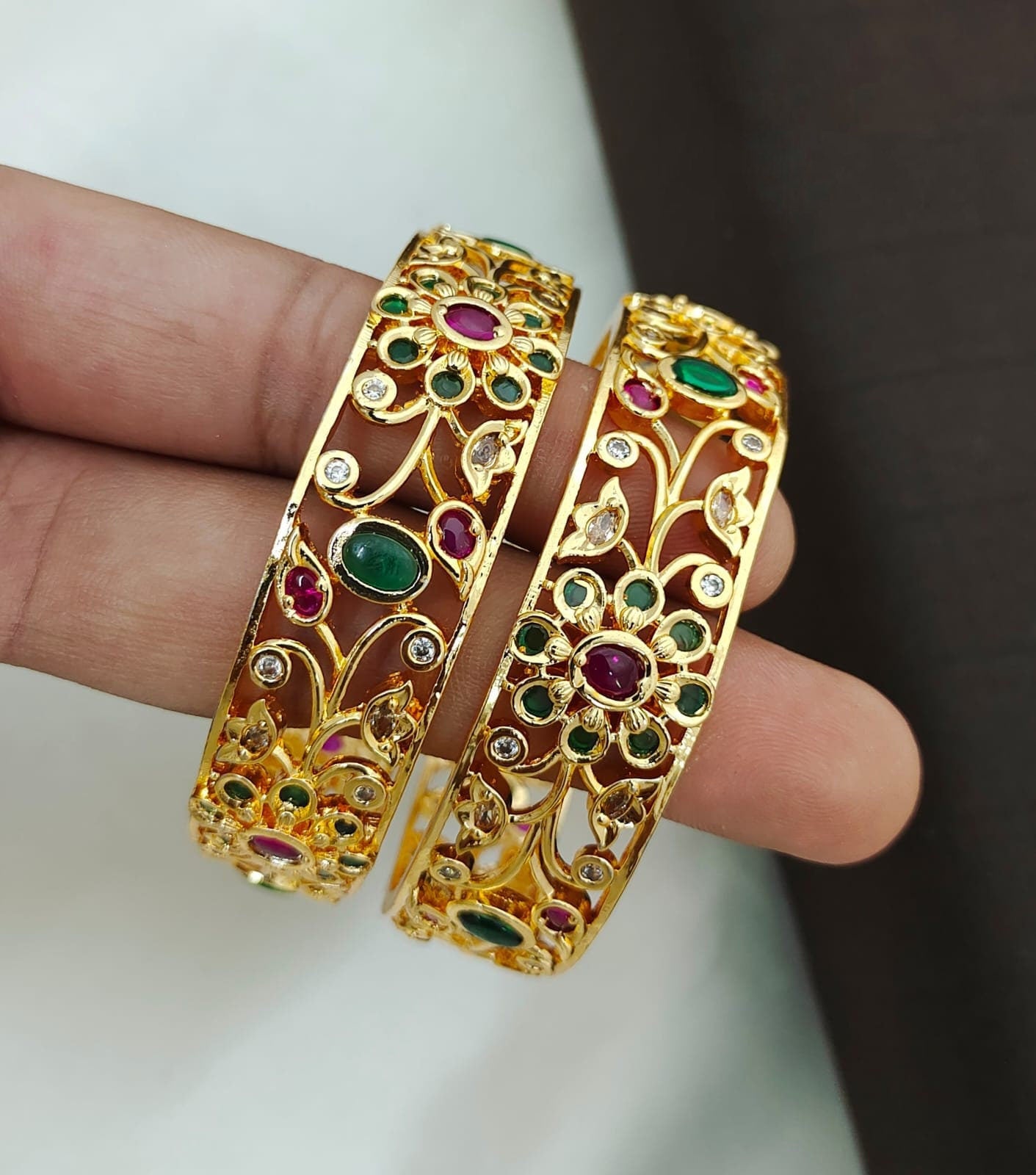 Pair of Gold Kada Bangle Designs With Stones | Ruby Emerald Floral bangles bracelets | Perfect for everyday wear |South Indian Style bangles