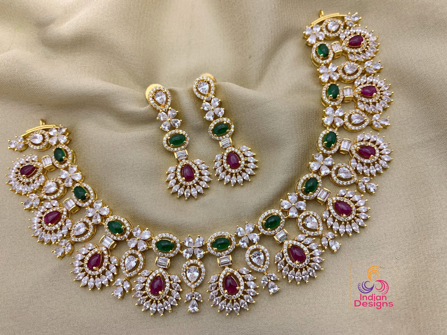 Gold Plated American diamond Ruby Necklace set | Indian Designs CZ AD Bridal choker set | Gold plated Pakistani bridal Choker jewelry sets