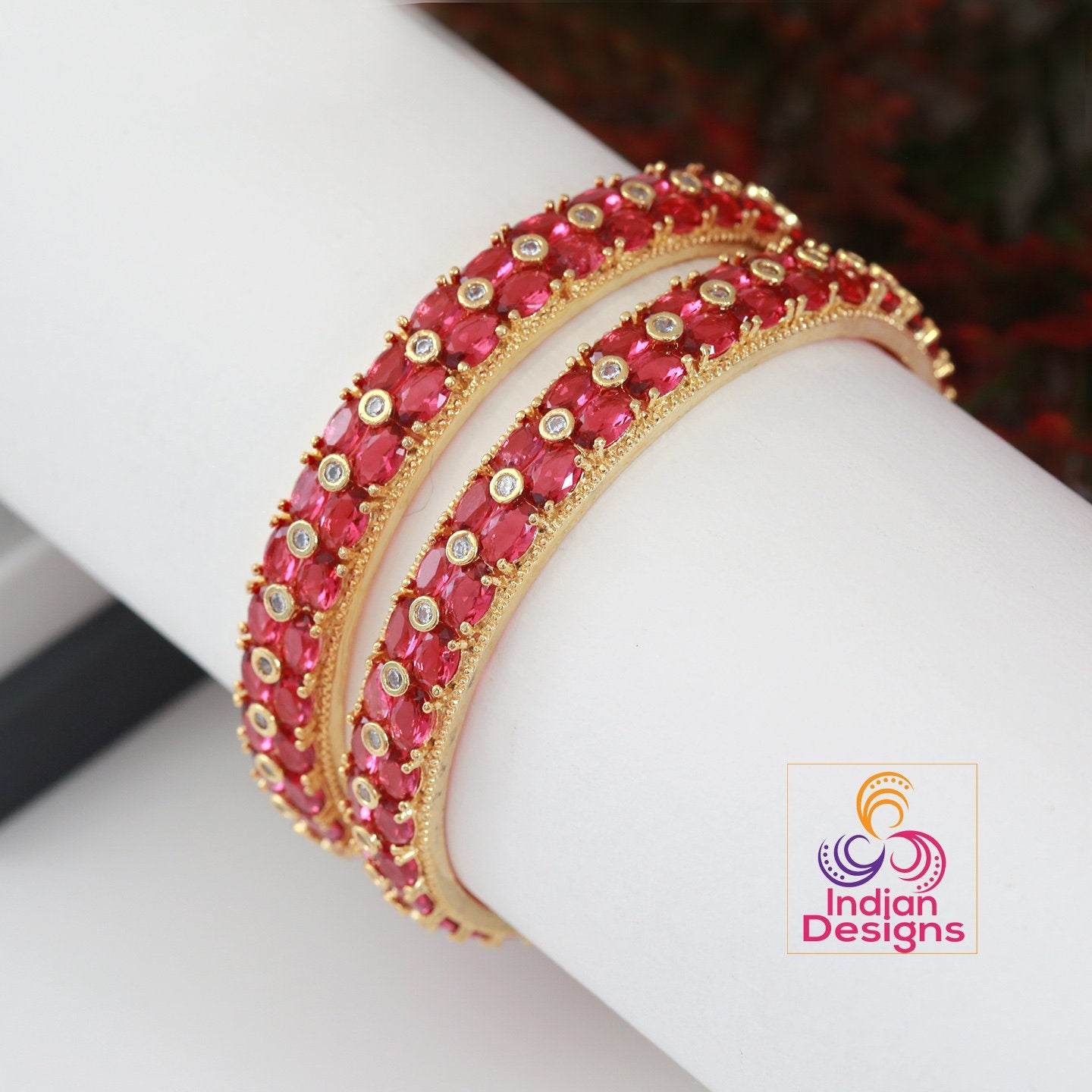 2.6 Rose Gold American Diamond bangles | Pair of Cz stone bangles | Pink Cz AD bangles | Jewellery stone bangles for saree | Indian Designs