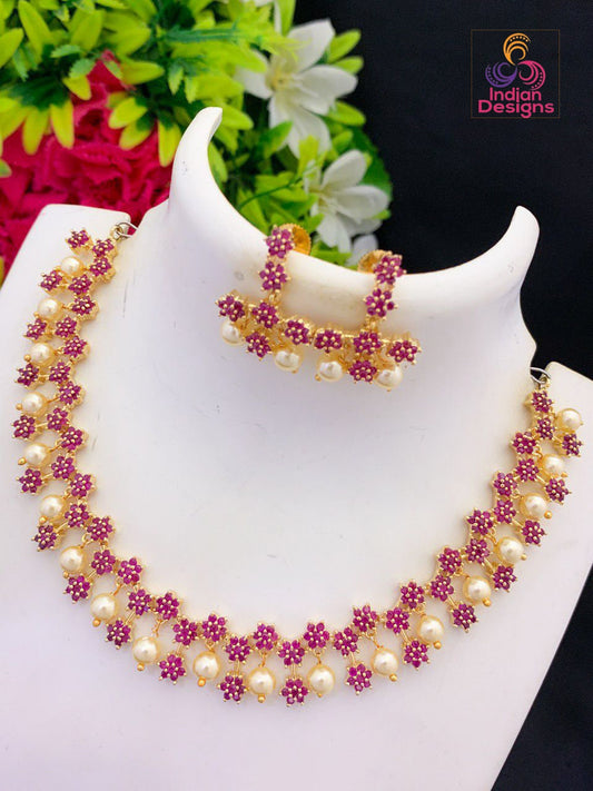 Gold Plated American Diamond Necklace crystal star design with ruby Emerald and White CZ stones