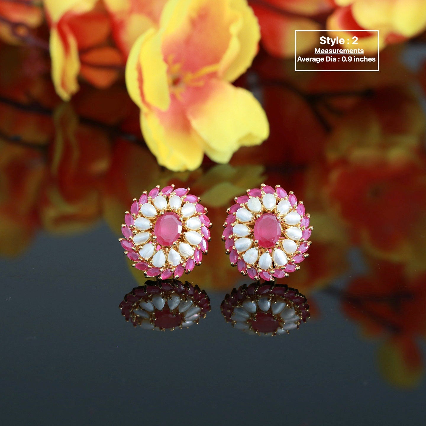 Pearl stud earrings gold with Ruby stones | Small ruby & Pearl earrings studs | Gold pearl flower stud earrings | Fresh water pearl studs