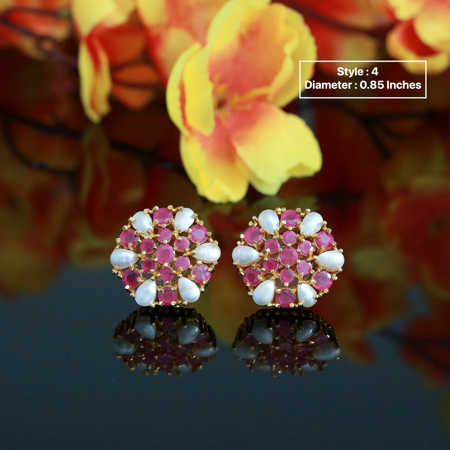 Pearl stud earrings gold with Ruby stones | Small ruby & Pearl earrings studs | Gold pearl flower stud earrings | Fresh water pearl studs