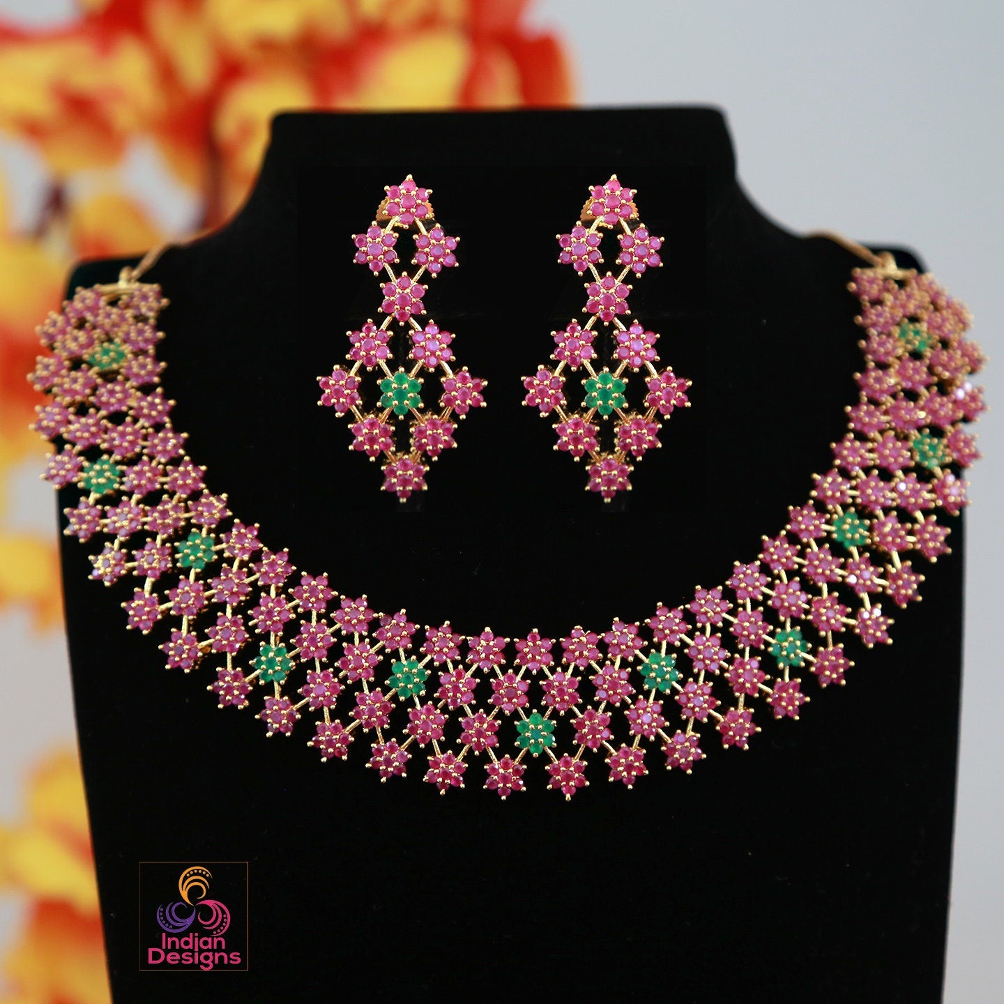 American Diamond Ruby Emerald Crystal star design gold choker necklace | Indian Bollywood Wedding Fashion Jewelry set | Statement Necklace