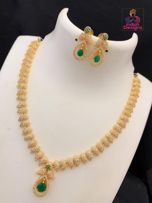 Gold-plated American diamond necklace set with earrings | South Style Indian wedding jewelry | Ruby emerald stone Cz necklace & earring set