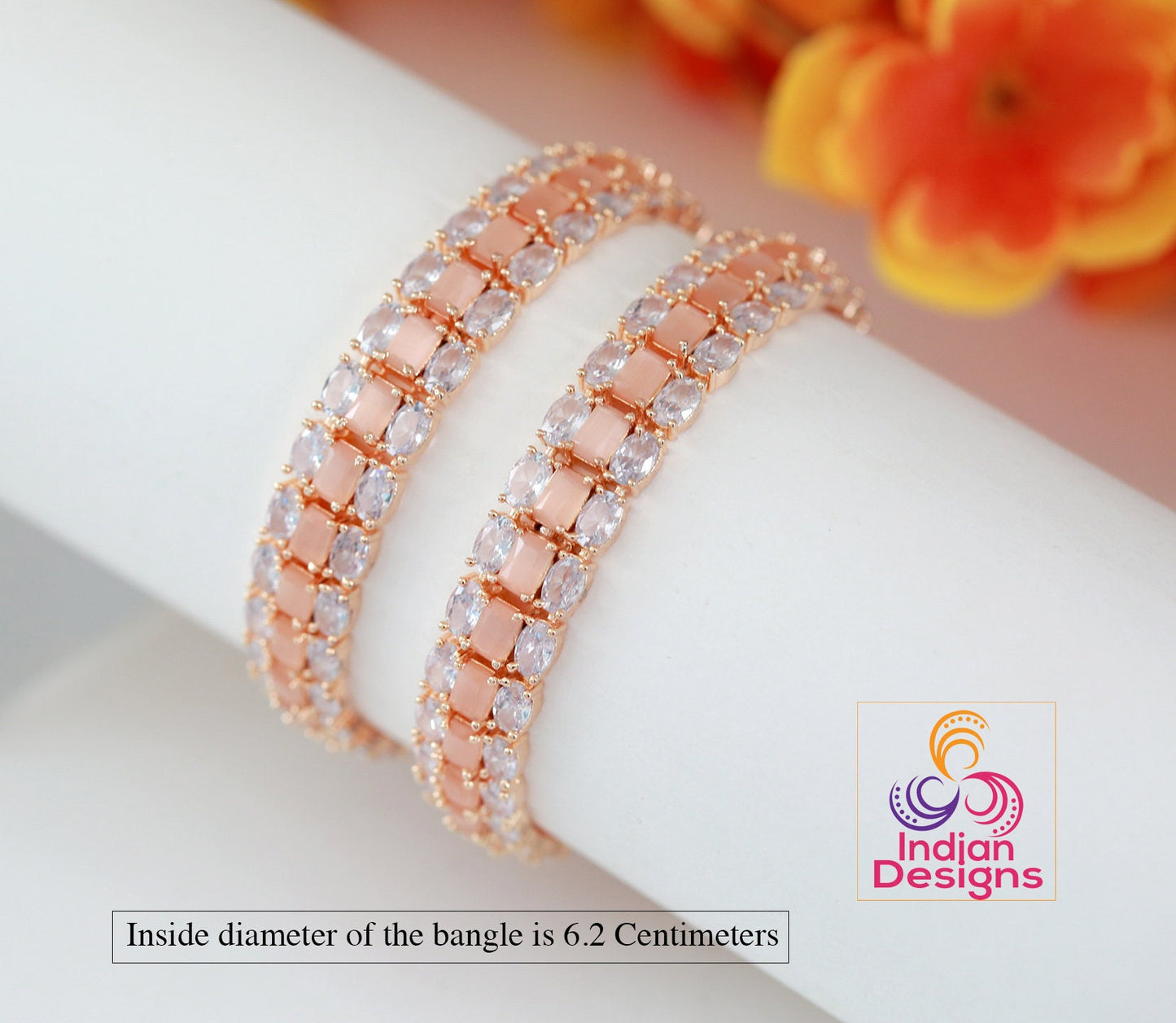 Exceptional Quality Pair of Rose Gold American diamond Bangles 2.8 Size | Crystal bridal bangles | Emerald cut Peach stone Statement Bangles