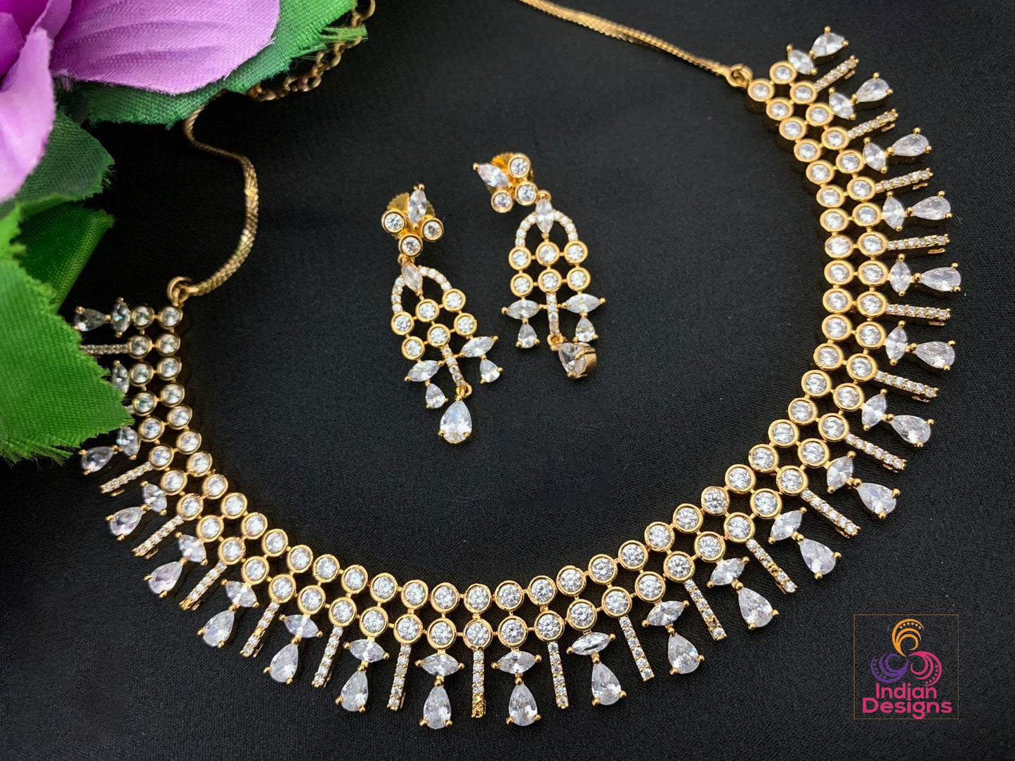Gold-plated Pink American diamond necklace jewelry | Rose quartz crystal necklace | statement necklace and earring set | Indian Designs