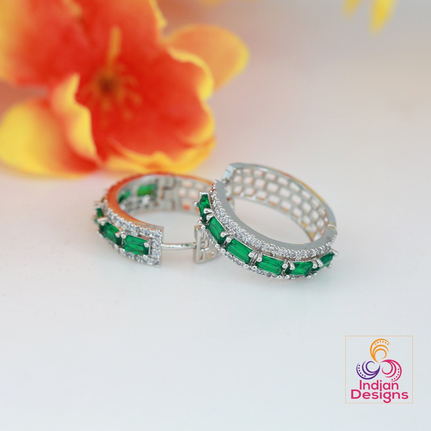 Minimalist CZ diamond Small hoop Earrings | American diamond Silver AD crystal hoop Earrings | Pink stone hoops | Earrings at Indian Designs