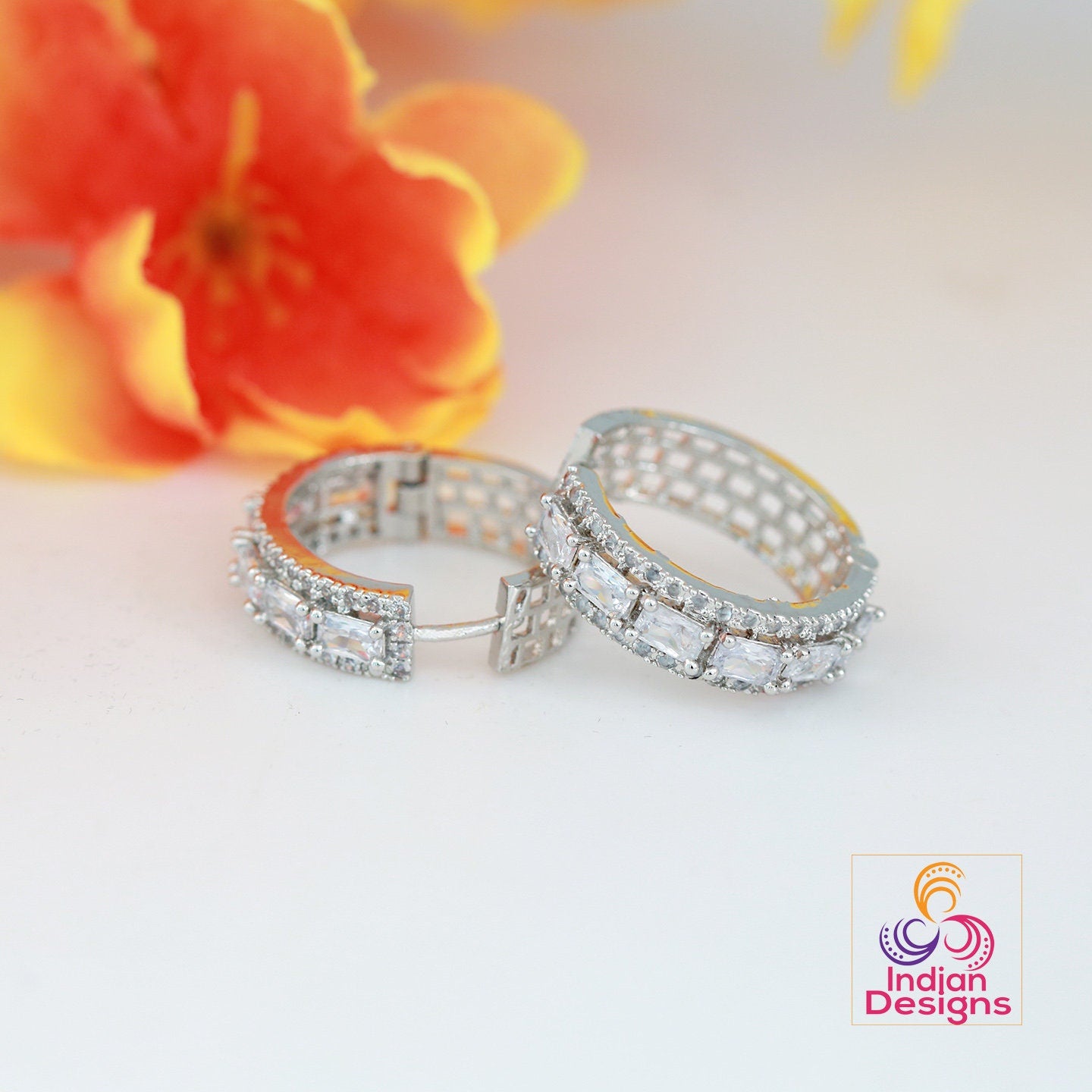 Minimalist CZ diamond Small hoop Earrings | American diamond Silver AD crystal hoop Earrings | Pink stone hoops | Earrings at Indian Designs