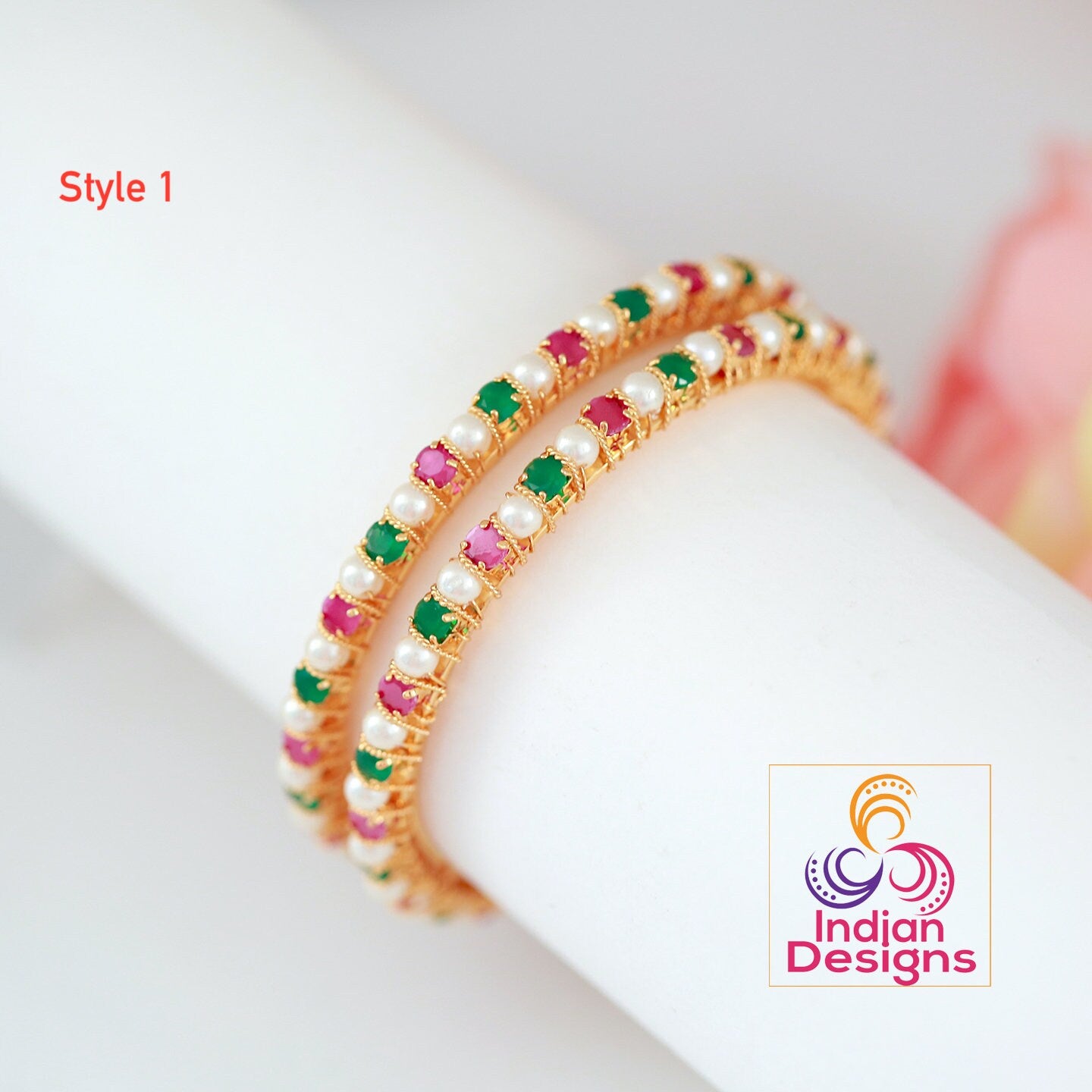 Designer Fresh water Pearl Bangle Bracelet | Gold Plated Real Pearl bangles with Ruby Emerald stone work | Unique Stone bangle gold design