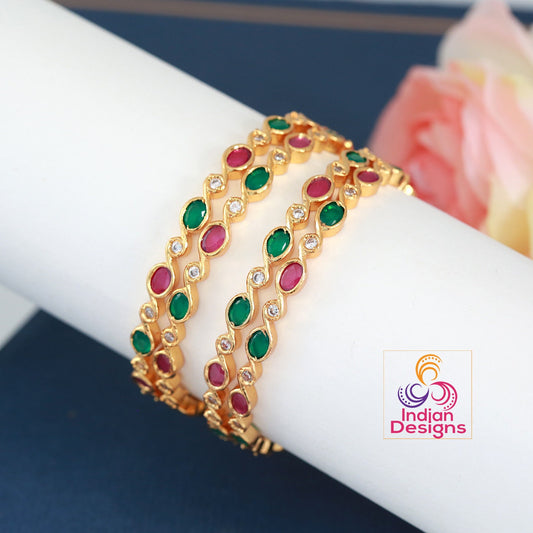 22K gold Polish Multi Color kemp bangle set of 4 | One gram gold plated stone bangles set | South Indian style Gold bangles bracelet Designs