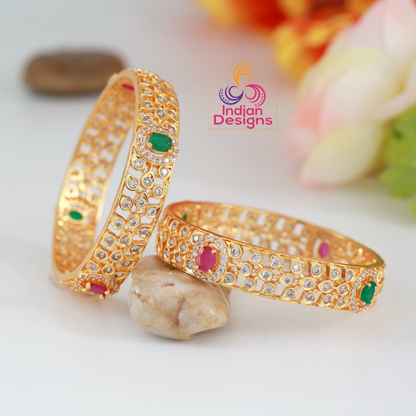 Pair of Gold Kada Bangle Designs With Stones |Ruby Emerald diamond bangles bracelets | Perfect for everyday wear |South Indian Style bangles