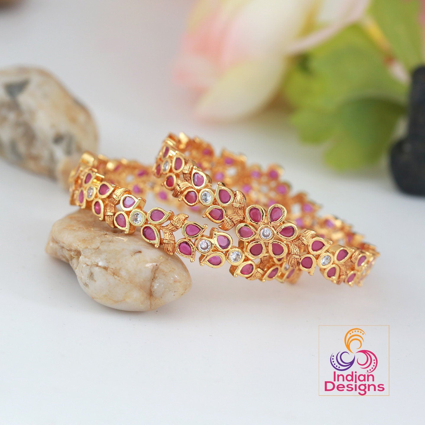 Matte finish gold bangles Indian Designs | Pair of Ruby Stone Floral Leaf design Indian bracelet | Bangles for wedding Jewelry | Kemp bangle
